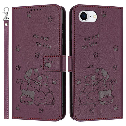 For iPhone 16e Case with Strap Cats Imprint Leather Wallet Phone Cover - Wine Red