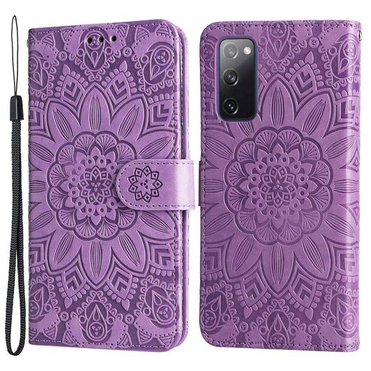 For Samsung Galaxy S20 FE / S20 FE 5G / S20 Lite Sunflower Imprinted PU Leather Case Stand Magnetic Clasp Wallet Phone Cover with Strap - Purple