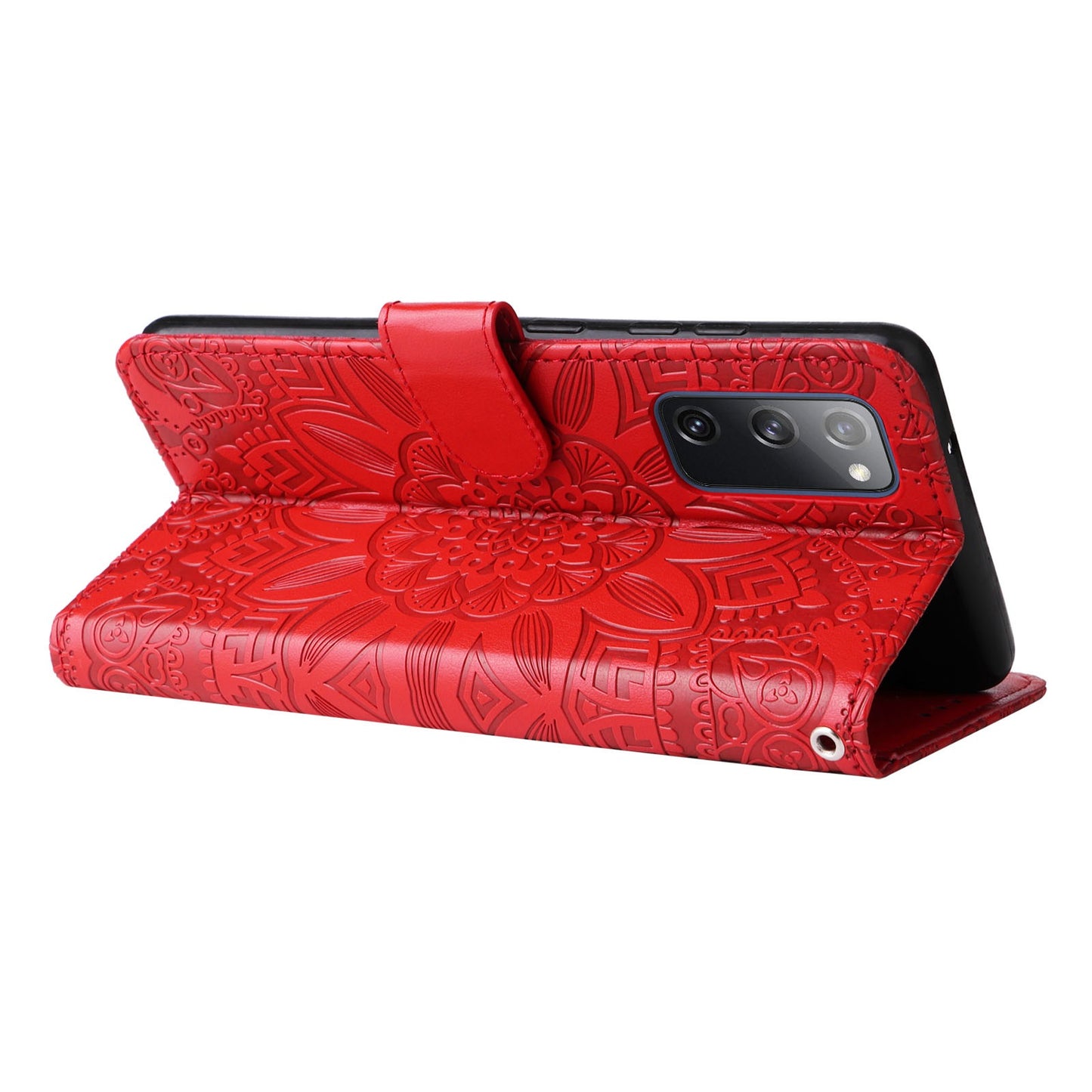 For Samsung Galaxy S20 FE / S20 FE 5G / S20 Lite Sunflower Imprinted PU Leather Case Stand Magnetic Clasp Wallet Phone Cover with Strap - Red