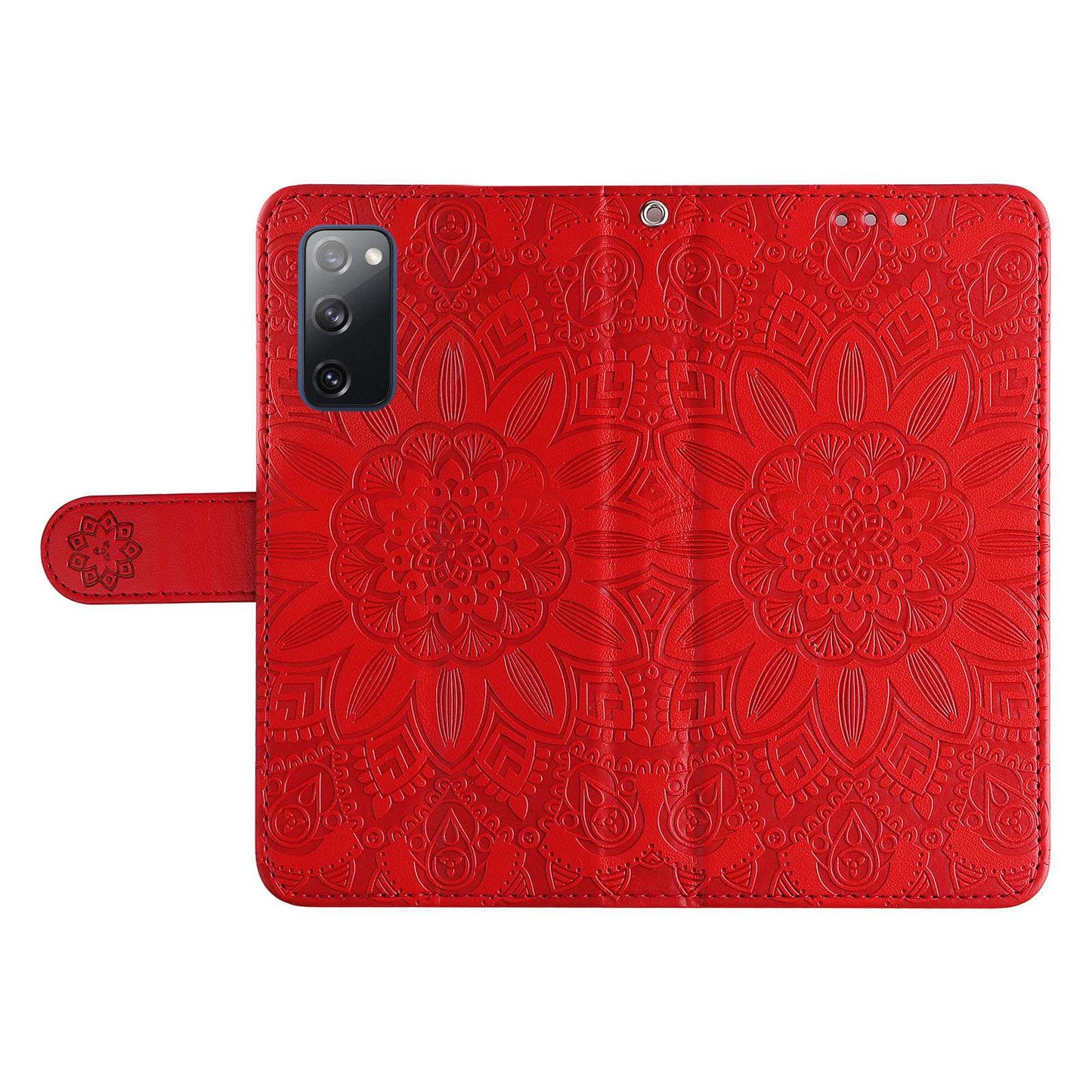 For Samsung Galaxy S20 FE / S20 FE 5G / S20 Lite Sunflower Imprinted PU Leather Case Stand Magnetic Clasp Wallet Phone Cover with Strap - Red