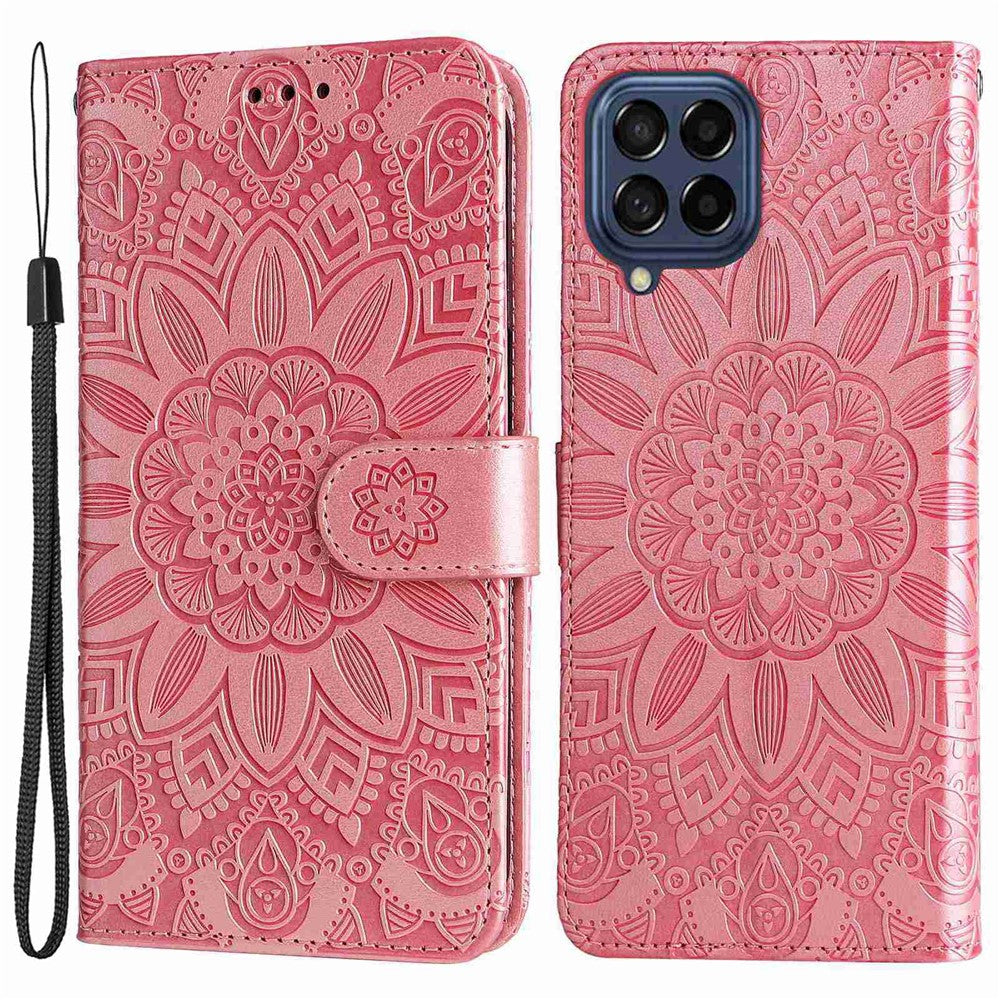 For Samsung Galaxy M53 5G Sunflower Imprinted PU Leather Flip Stand Phone Case Wallet Design Magnetic Closure Inner TPU Anti-Drop Protective Cover with Strap - Pink