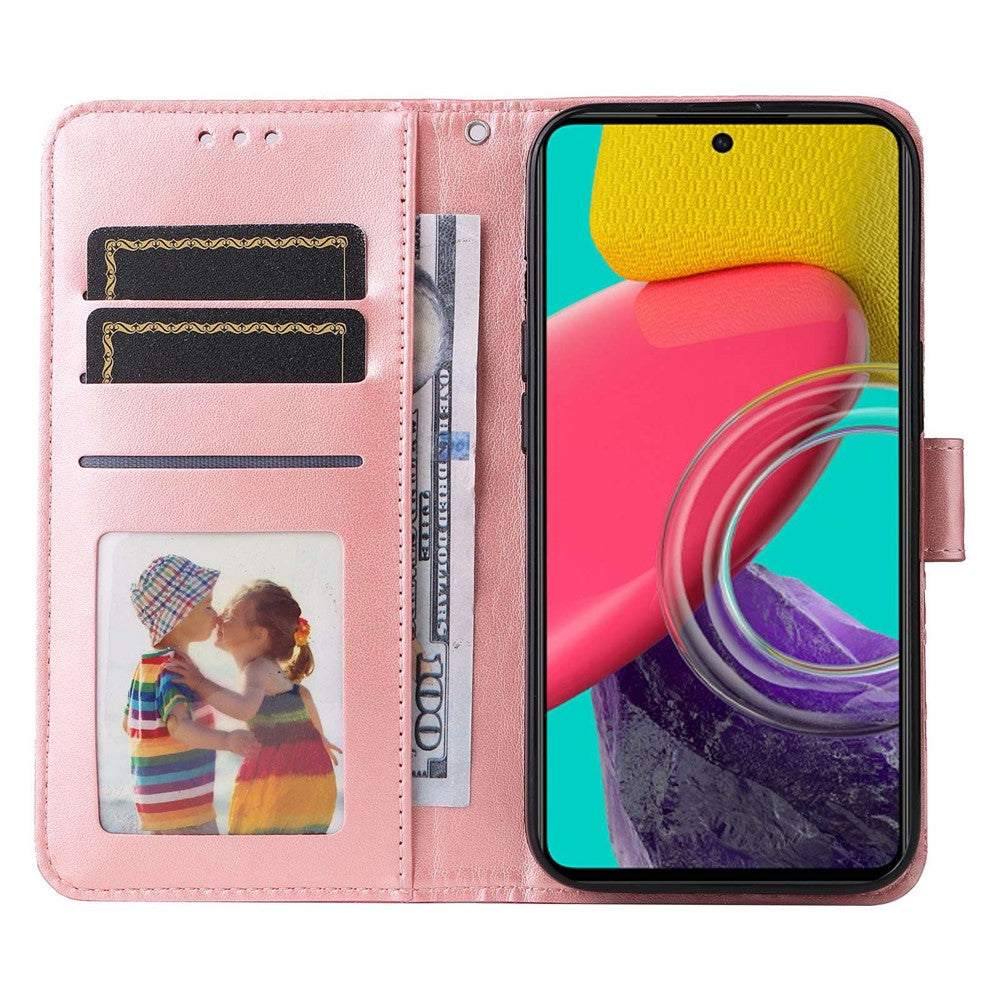 For Samsung Galaxy M53 5G Sunflower Imprinted PU Leather Flip Stand Phone Case Wallet Design Magnetic Closure Inner TPU Anti-Drop Protective Cover with Strap - Pink