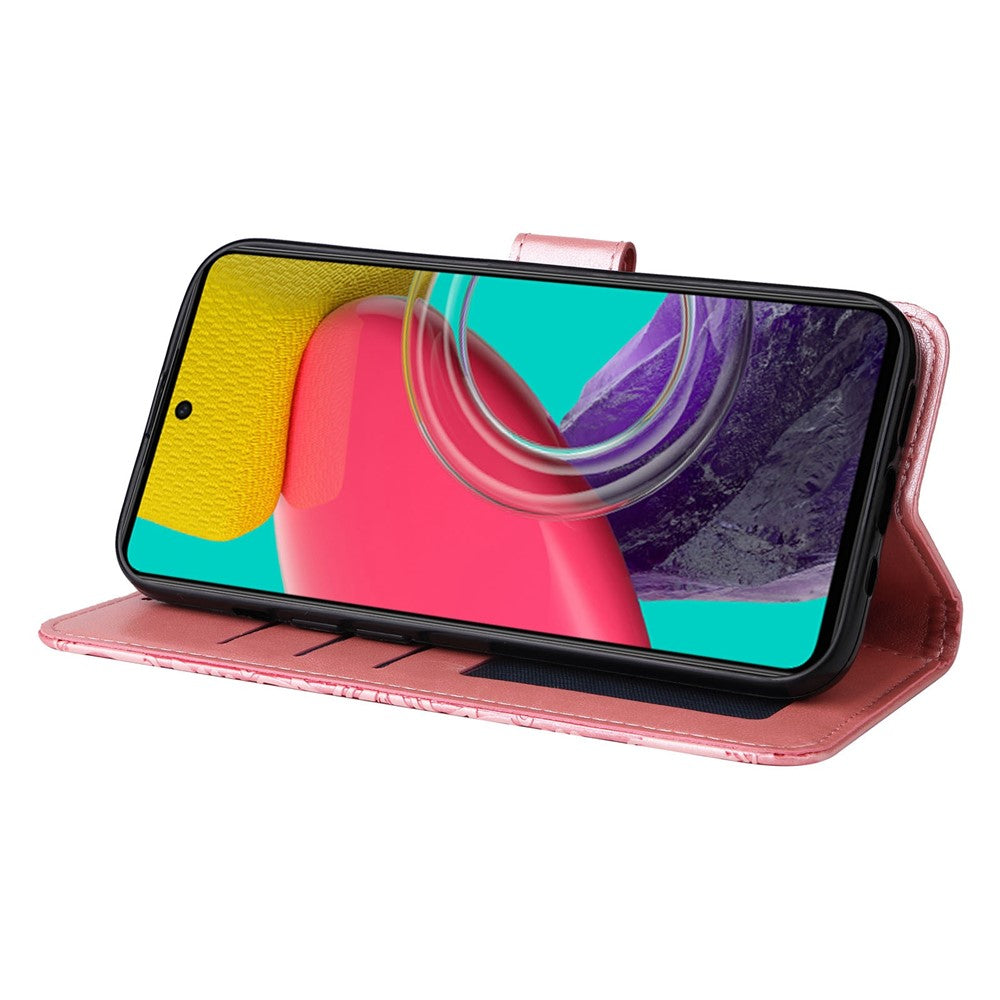 For Samsung Galaxy M53 5G Sunflower Imprinted PU Leather Flip Stand Phone Case Wallet Design Magnetic Closure Inner TPU Anti-Drop Protective Cover with Strap - Pink