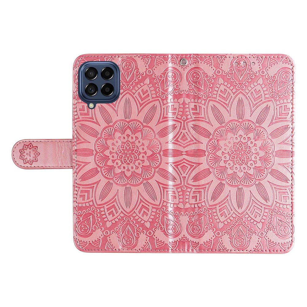 For Samsung Galaxy M53 5G Sunflower Imprinted PU Leather Flip Stand Phone Case Wallet Design Magnetic Closure Inner TPU Anti-Drop Protective Cover with Strap - Pink