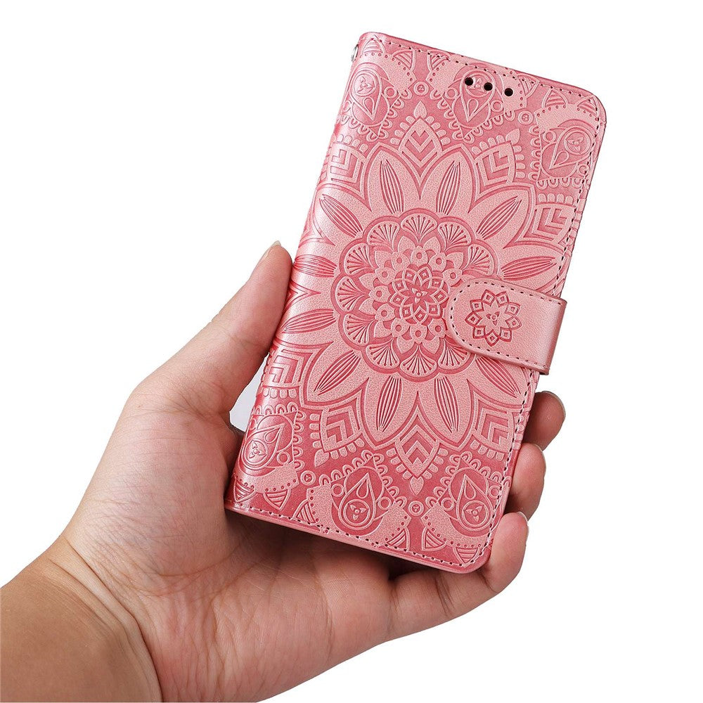 For Samsung Galaxy M53 5G Sunflower Imprinted PU Leather Flip Stand Phone Case Wallet Design Magnetic Closure Inner TPU Anti-Drop Protective Cover with Strap - Pink