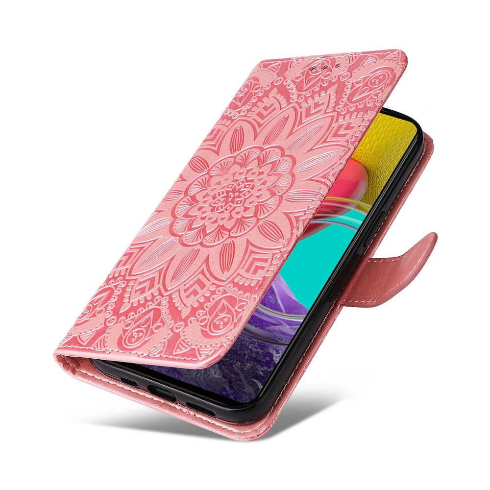 For Samsung Galaxy M53 5G Sunflower Imprinted PU Leather Flip Stand Phone Case Wallet Design Magnetic Closure Inner TPU Anti-Drop Protective Cover with Strap - Pink