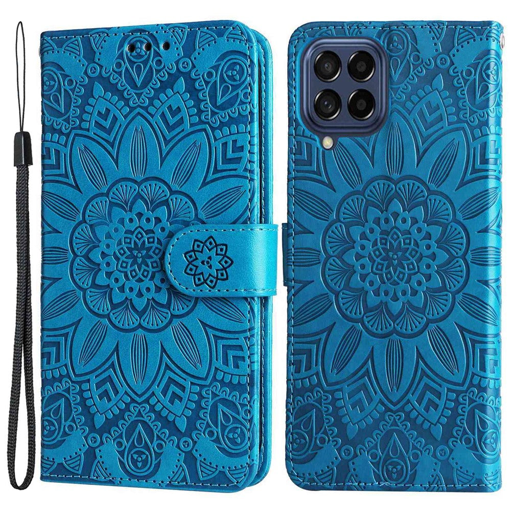 For Samsung Galaxy M53 5G Sunflower Imprinted PU Leather Flip Stand Phone Case Wallet Design Magnetic Closure Inner TPU Anti-Drop Protective Cover with Strap - Blue