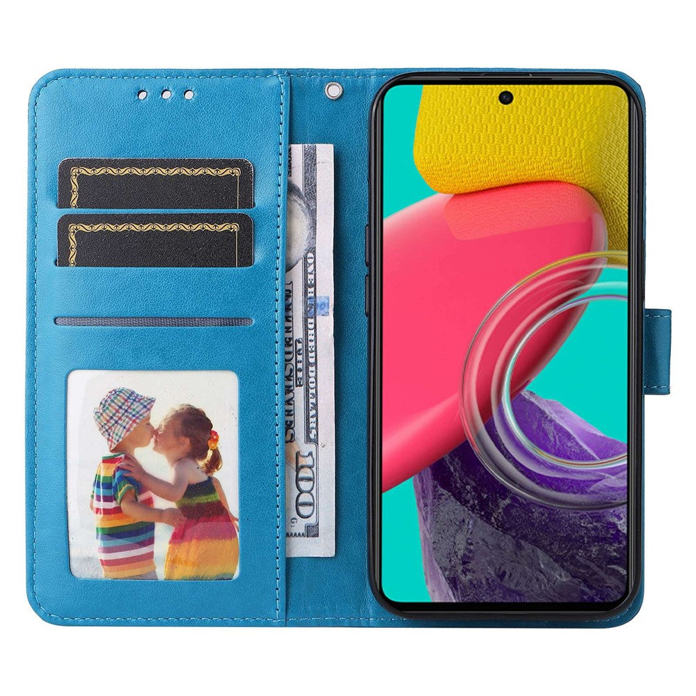 For Samsung Galaxy M53 5G Sunflower Imprinted PU Leather Flip Stand Phone Case Wallet Design Magnetic Closure Inner TPU Anti-Drop Protective Cover with Strap - Blue