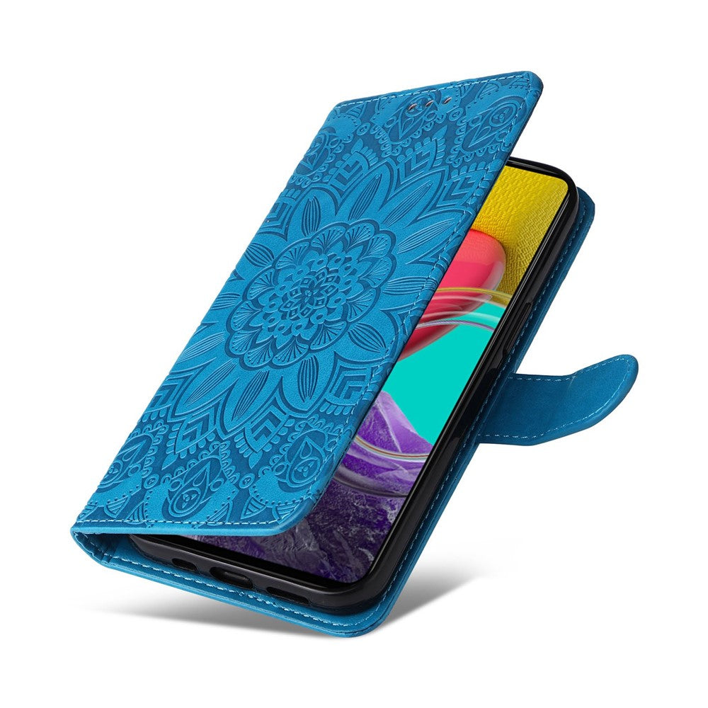 For Samsung Galaxy M53 5G Sunflower Imprinted PU Leather Flip Stand Phone Case Wallet Design Magnetic Closure Inner TPU Anti-Drop Protective Cover with Strap - Blue