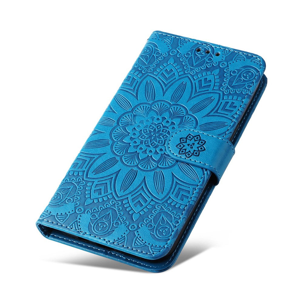 For Samsung Galaxy M53 5G Sunflower Imprinted PU Leather Flip Stand Phone Case Wallet Design Magnetic Closure Inner TPU Anti-Drop Protective Cover with Strap - Blue
