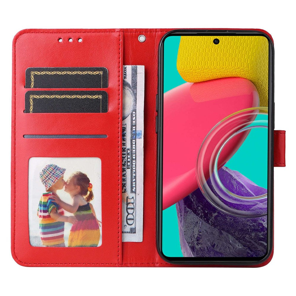 For Samsung Galaxy M53 5G Sunflower Imprinted PU Leather Flip Stand Phone Case Wallet Design Magnetic Closure Inner TPU Anti-Drop Protective Cover with Strap - Red
