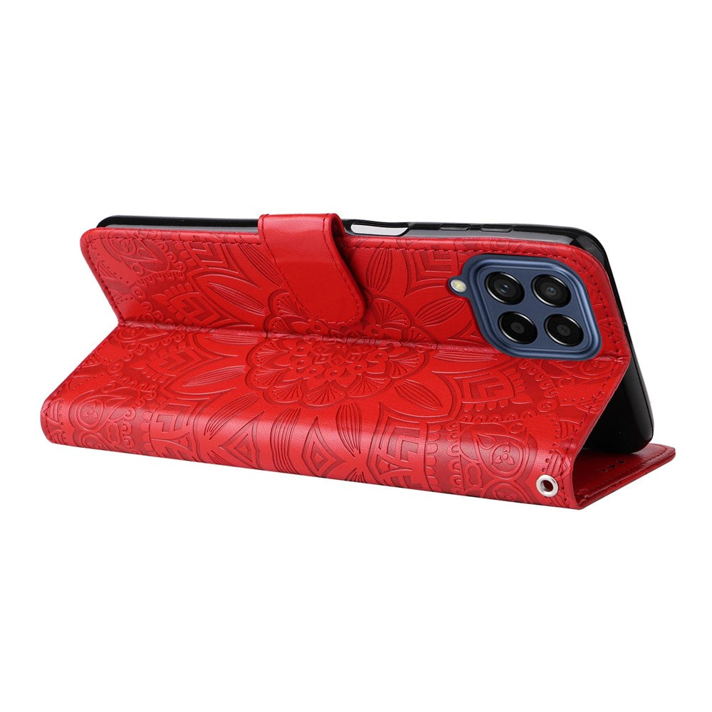 For Samsung Galaxy M53 5G Sunflower Imprinted PU Leather Flip Stand Phone Case Wallet Design Magnetic Closure Inner TPU Anti-Drop Protective Cover with Strap - Red