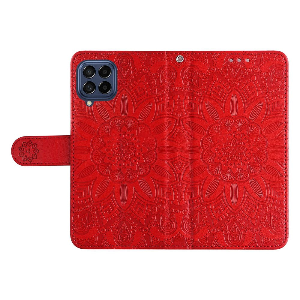 For Samsung Galaxy M53 5G Sunflower Imprinted PU Leather Flip Stand Phone Case Wallet Design Magnetic Closure Inner TPU Anti-Drop Protective Cover with Strap - Red