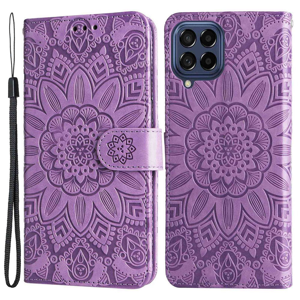 For Samsung Galaxy M53 5G Sunflower Imprinted PU Leather Flip Stand Phone Case Wallet Design Magnetic Closure Inner TPU Anti-Drop Protective Cover with Strap - Purple