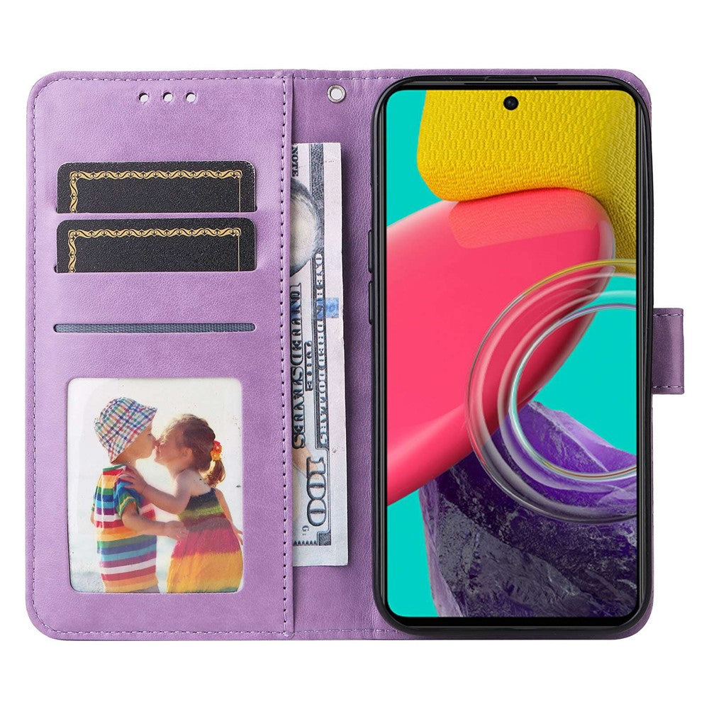 For Samsung Galaxy M53 5G Sunflower Imprinted PU Leather Flip Stand Phone Case Wallet Design Magnetic Closure Inner TPU Anti-Drop Protective Cover with Strap - Purple