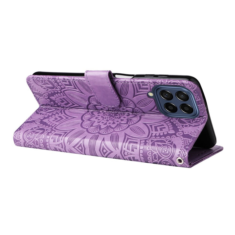For Samsung Galaxy M53 5G Sunflower Imprinted PU Leather Flip Stand Phone Case Wallet Design Magnetic Closure Inner TPU Anti-Drop Protective Cover with Strap - Purple