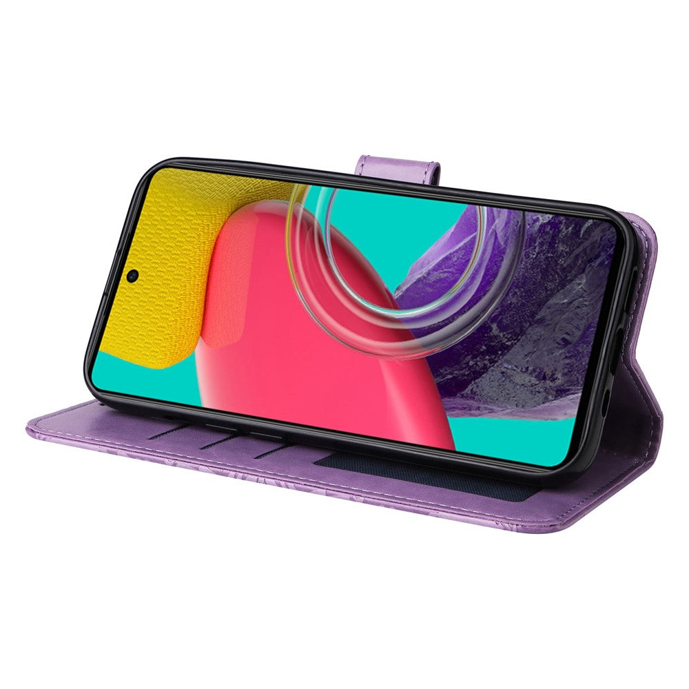 For Samsung Galaxy M53 5G Sunflower Imprinted PU Leather Flip Stand Phone Case Wallet Design Magnetic Closure Inner TPU Anti-Drop Protective Cover with Strap - Purple