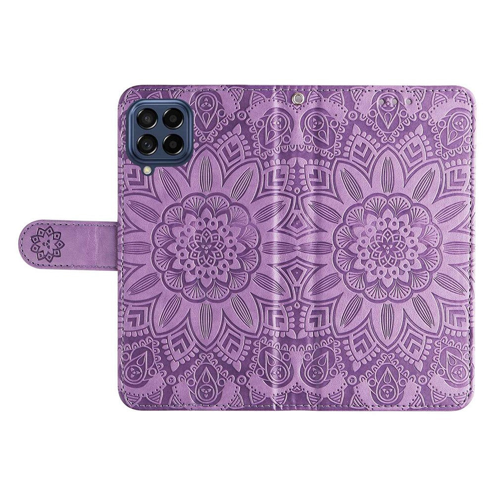 For Samsung Galaxy M53 5G Sunflower Imprinted PU Leather Flip Stand Phone Case Wallet Design Magnetic Closure Inner TPU Anti-Drop Protective Cover with Strap - Purple