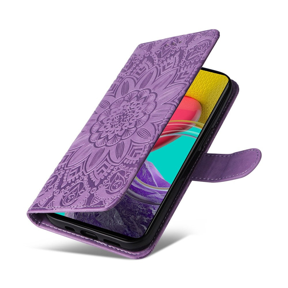 For Samsung Galaxy M53 5G Sunflower Imprinted PU Leather Flip Stand Phone Case Wallet Design Magnetic Closure Inner TPU Anti-Drop Protective Cover with Strap - Purple