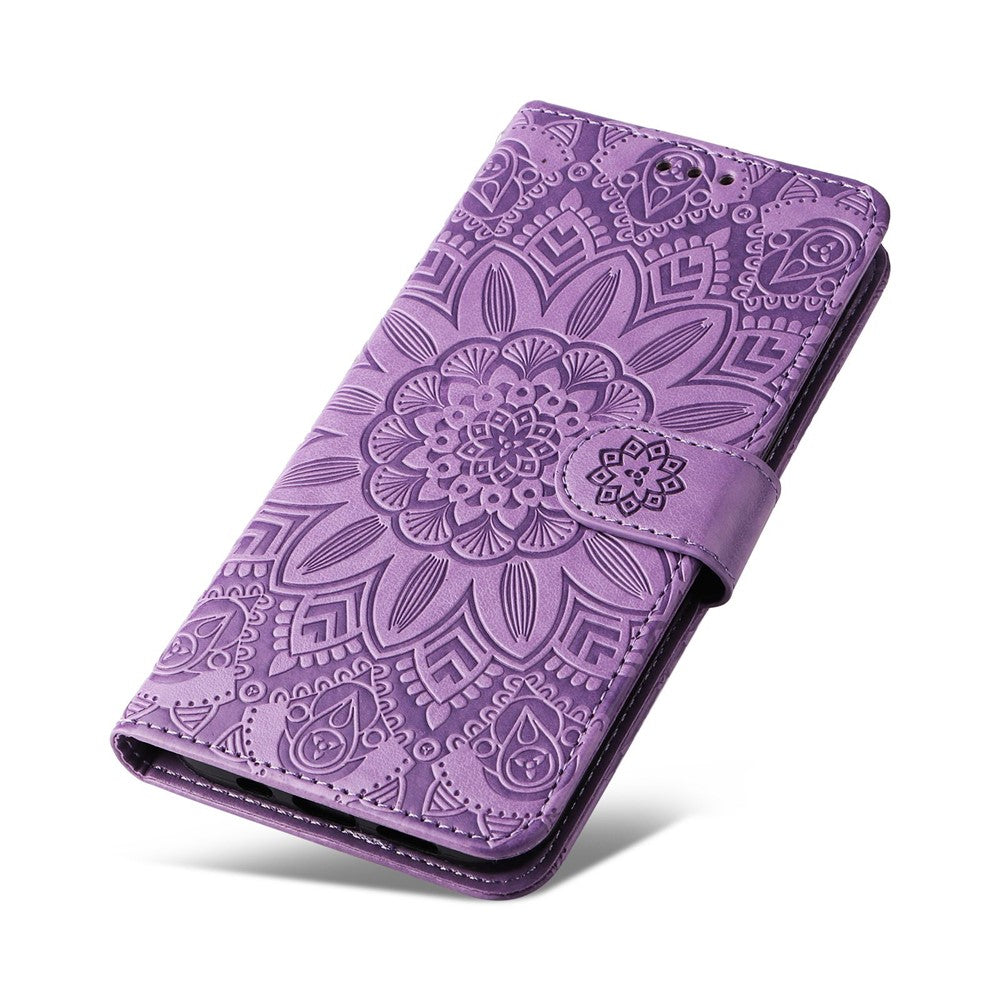 For Samsung Galaxy M53 5G Sunflower Imprinted PU Leather Flip Stand Phone Case Wallet Design Magnetic Closure Inner TPU Anti-Drop Protective Cover with Strap - Purple