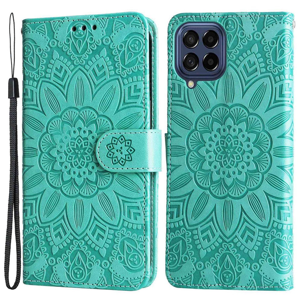 For Samsung Galaxy M53 5G Sunflower Imprinted PU Leather Flip Stand Phone Case Wallet Design Magnetic Closure Inner TPU Anti-Drop Protective Cover with Strap - Green