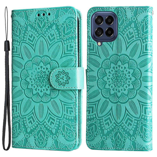 For Samsung Galaxy M53 5G Sunflower Imprinted PU Leather Flip Stand Phone Case Wallet Design Magnetic Closure Inner TPU Anti-Drop Protective Cover with Strap - Green