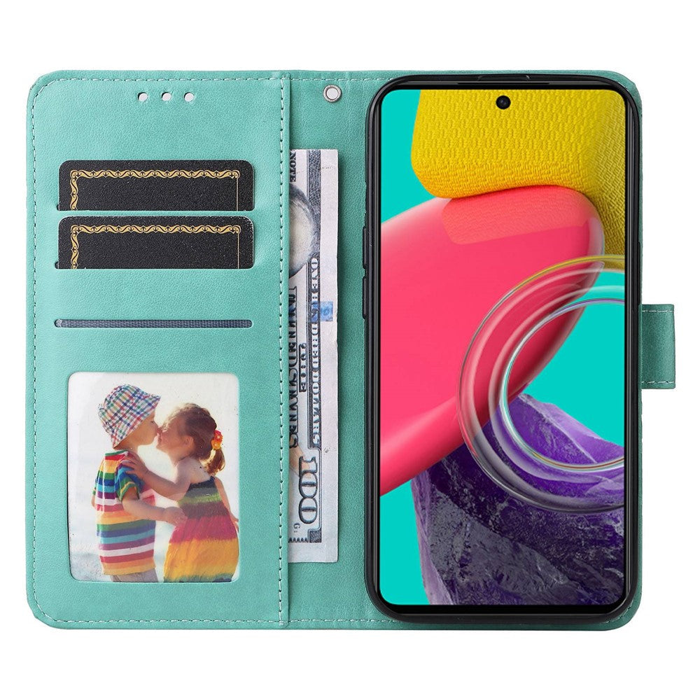 For Samsung Galaxy M53 5G Sunflower Imprinted PU Leather Flip Stand Phone Case Wallet Design Magnetic Closure Inner TPU Anti-Drop Protective Cover with Strap - Green