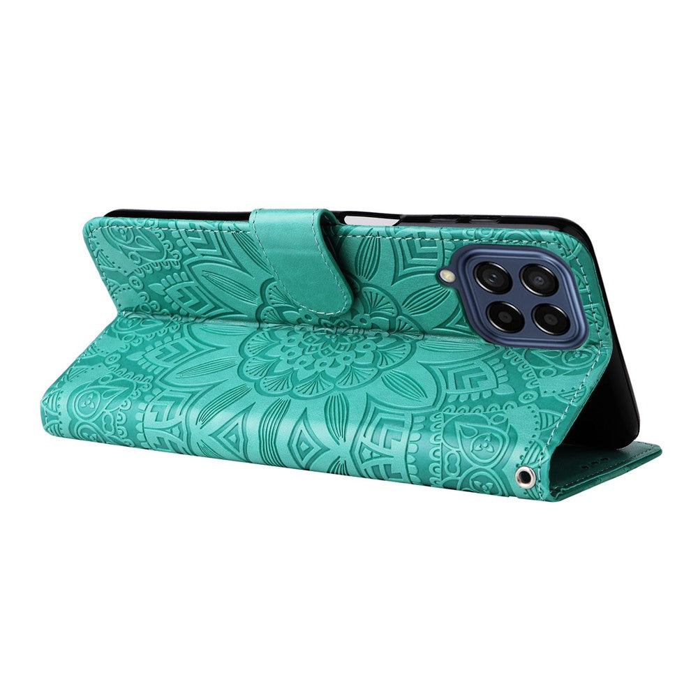 For Samsung Galaxy M53 5G Sunflower Imprinted PU Leather Flip Stand Phone Case Wallet Design Magnetic Closure Inner TPU Anti-Drop Protective Cover with Strap - Green