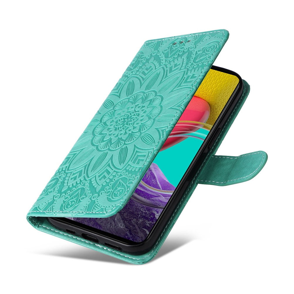 For Samsung Galaxy M53 5G Sunflower Imprinted PU Leather Flip Stand Phone Case Wallet Design Magnetic Closure Inner TPU Anti-Drop Protective Cover with Strap - Green