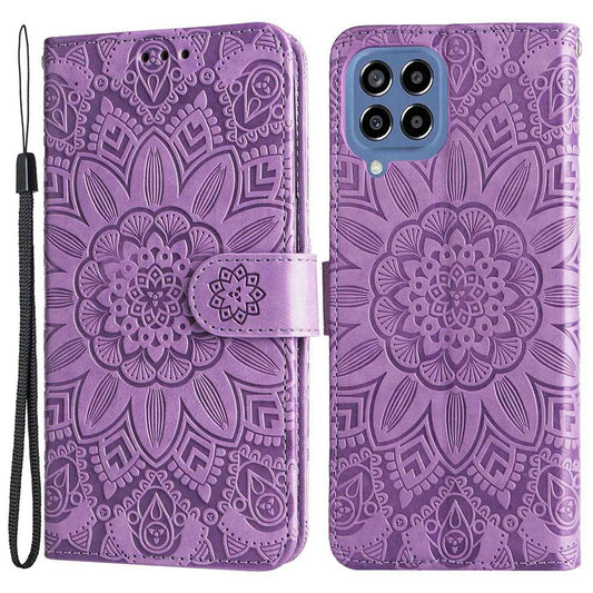 For Samsung Galaxy M33 5G (Global Version) Shockproof PU Leather Phone Case Magnetic Closure Sunflower Imprinted Stand Flip Wallet Cover with Strap - Purple