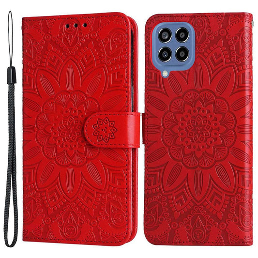 For Samsung Galaxy M33 5G (Global Version) Shockproof PU Leather Phone Case Magnetic Closure Sunflower Imprinted Stand Flip Wallet Cover with Strap - Red