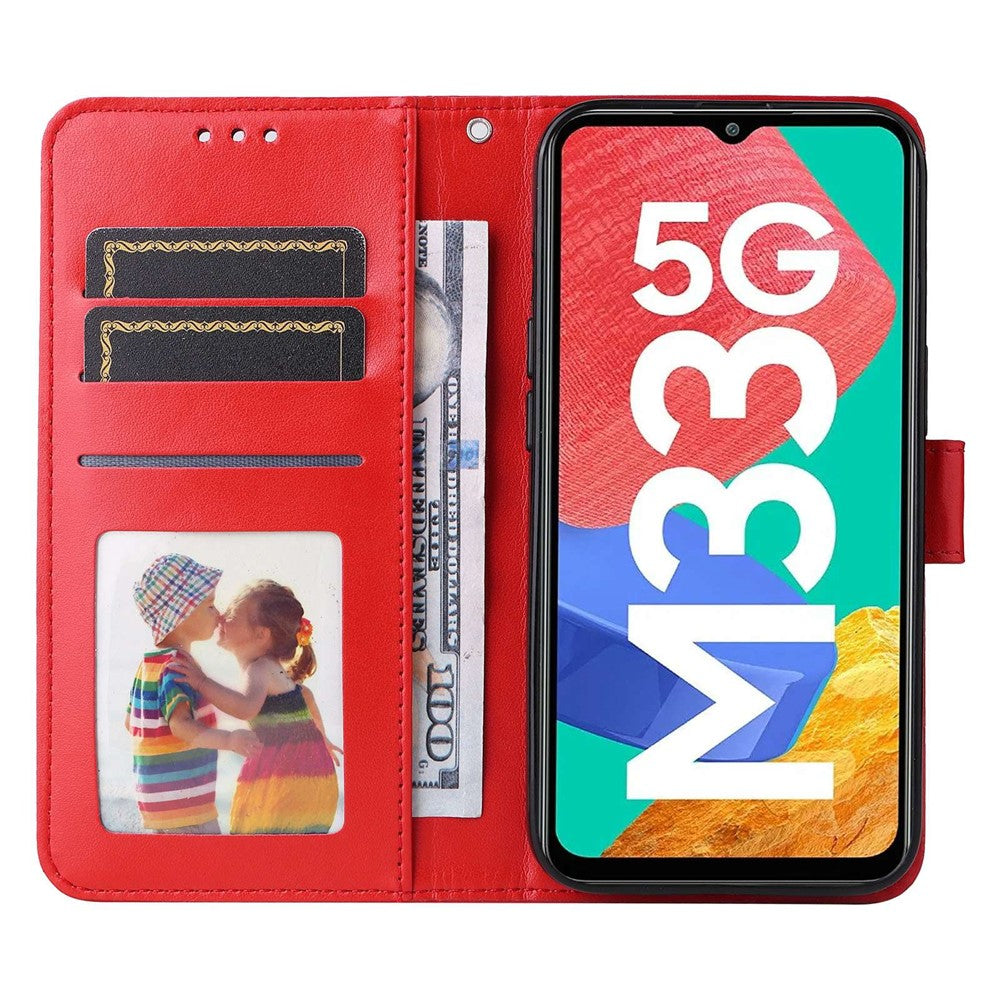 For Samsung Galaxy M33 5G (Global Version) Shockproof PU Leather Phone Case Magnetic Closure Sunflower Imprinted Stand Flip Wallet Cover with Strap - Red