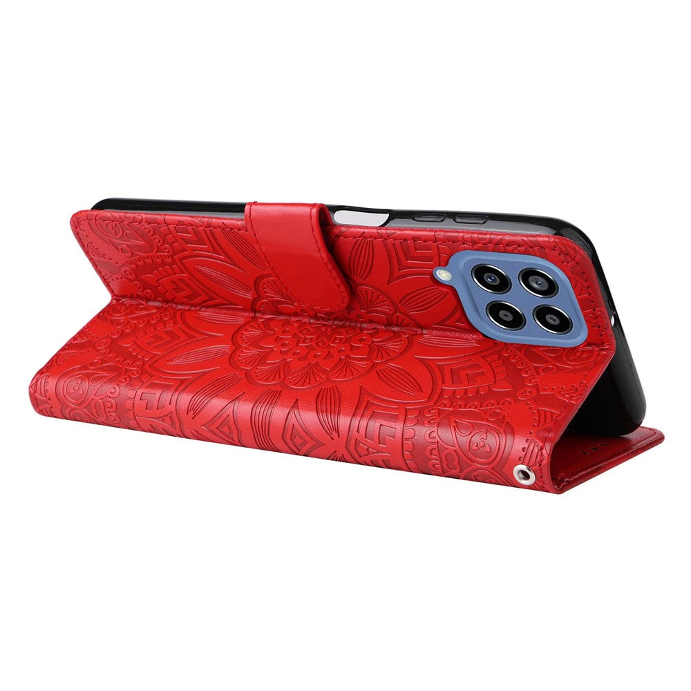 For Samsung Galaxy M33 5G (Global Version) Shockproof PU Leather Phone Case Magnetic Closure Sunflower Imprinted Stand Flip Wallet Cover with Strap - Red