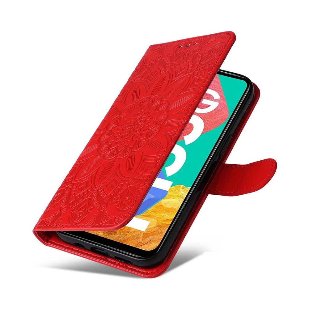For Samsung Galaxy M33 5G (Global Version) Shockproof PU Leather Phone Case Magnetic Closure Sunflower Imprinted Stand Flip Wallet Cover with Strap - Red