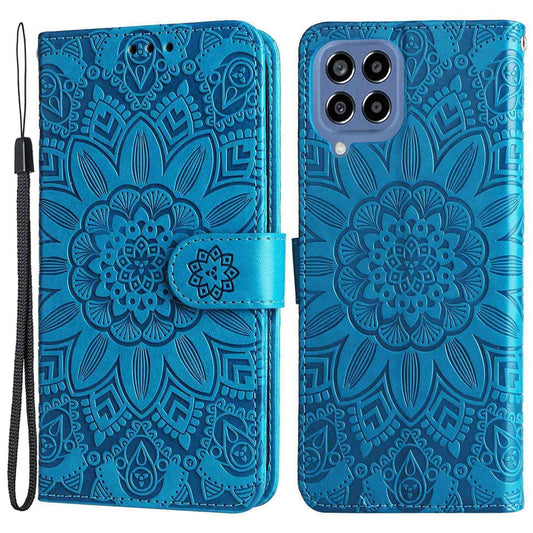 For Samsung Galaxy M33 5G (Global Version) Shockproof PU Leather Phone Case Magnetic Closure Sunflower Imprinted Stand Flip Wallet Cover with Strap - Blue