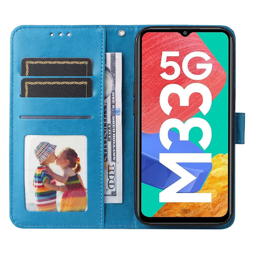 For Samsung Galaxy M33 5G (Global Version) Shockproof PU Leather Phone Case Magnetic Closure Sunflower Imprinted Stand Flip Wallet Cover with Strap - Blue