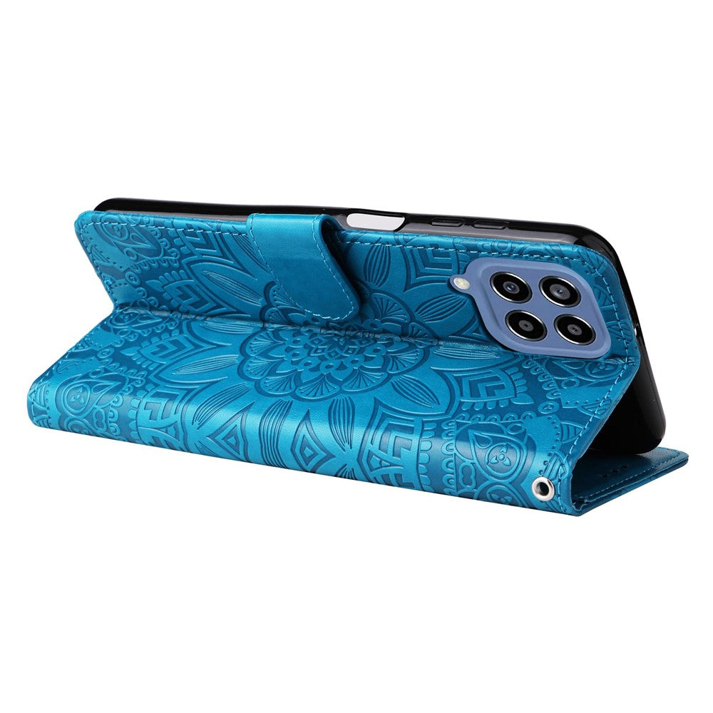For Samsung Galaxy M33 5G (Global Version) Shockproof PU Leather Phone Case Magnetic Closure Sunflower Imprinted Stand Flip Wallet Cover with Strap - Blue