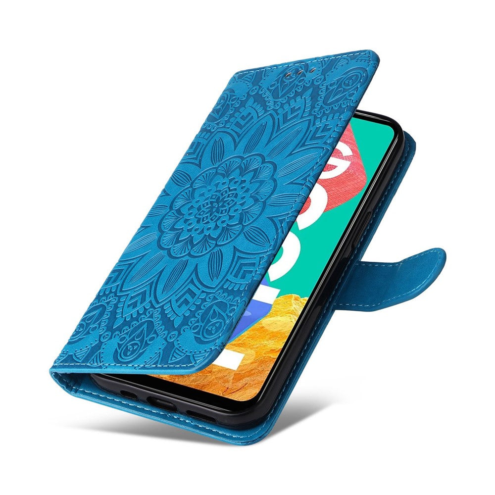 For Samsung Galaxy M33 5G (Global Version) Shockproof PU Leather Phone Case Magnetic Closure Sunflower Imprinted Stand Flip Wallet Cover with Strap - Blue