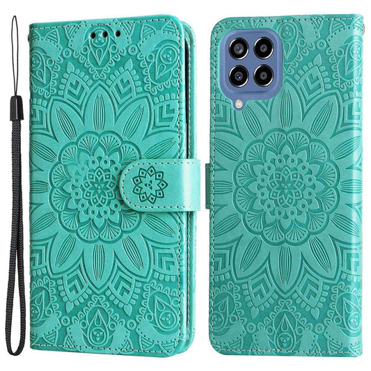 For Samsung Galaxy M33 5G (Global Version) Shockproof PU Leather Phone Case Magnetic Closure Sunflower Imprinted Stand Flip Wallet Cover with Strap - Green