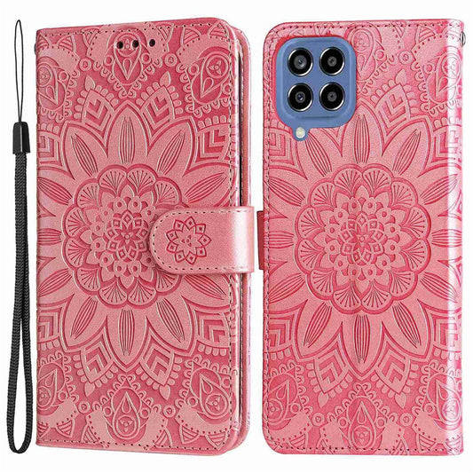 For Samsung Galaxy M33 5G (Global Version) Shockproof PU Leather Phone Case Magnetic Closure Sunflower Imprinted Stand Flip Wallet Cover with Strap - Pink