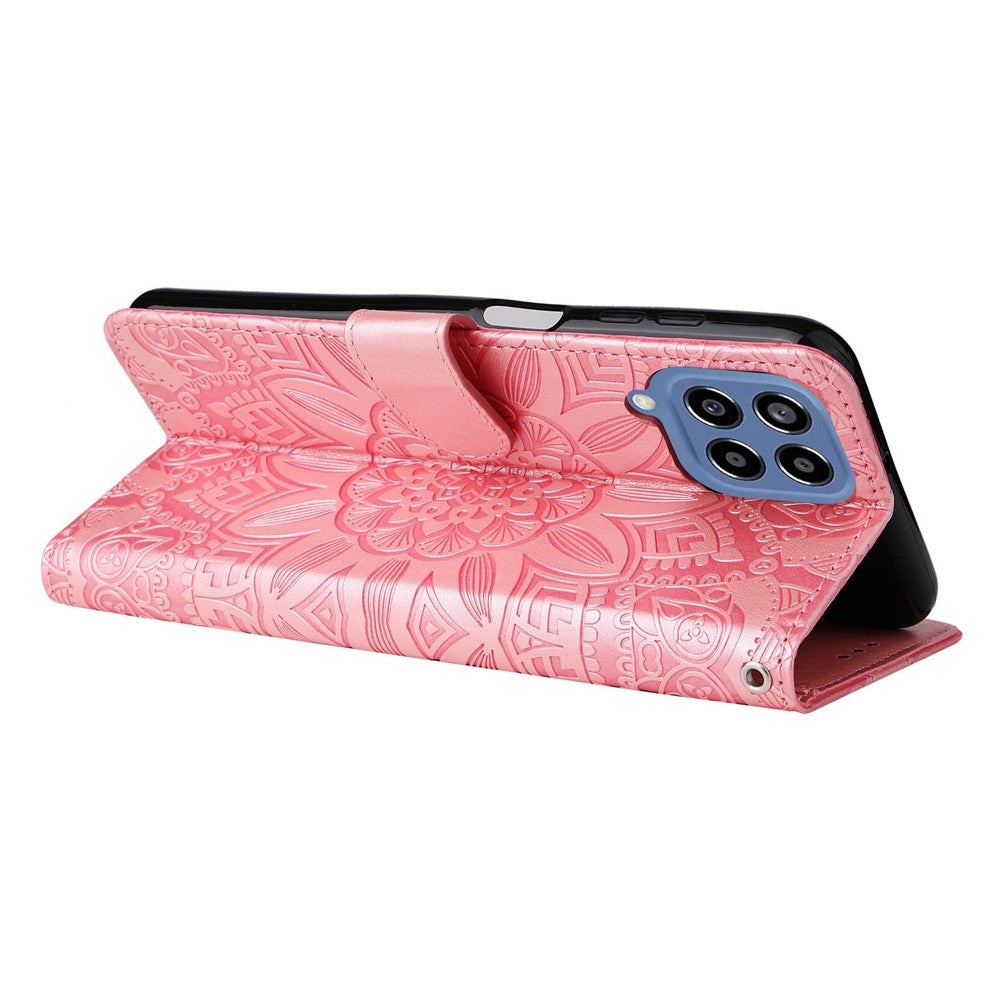 For Samsung Galaxy M33 5G (Global Version) Shockproof PU Leather Phone Case Magnetic Closure Sunflower Imprinted Stand Flip Wallet Cover with Strap - Pink