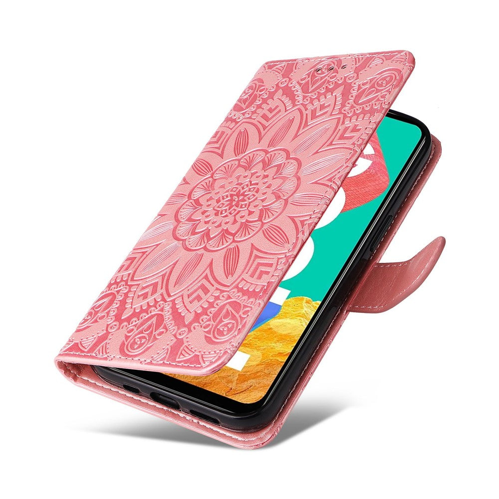 For Samsung Galaxy M33 5G (Global Version) Shockproof PU Leather Phone Case Magnetic Closure Sunflower Imprinted Stand Flip Wallet Cover with Strap - Pink
