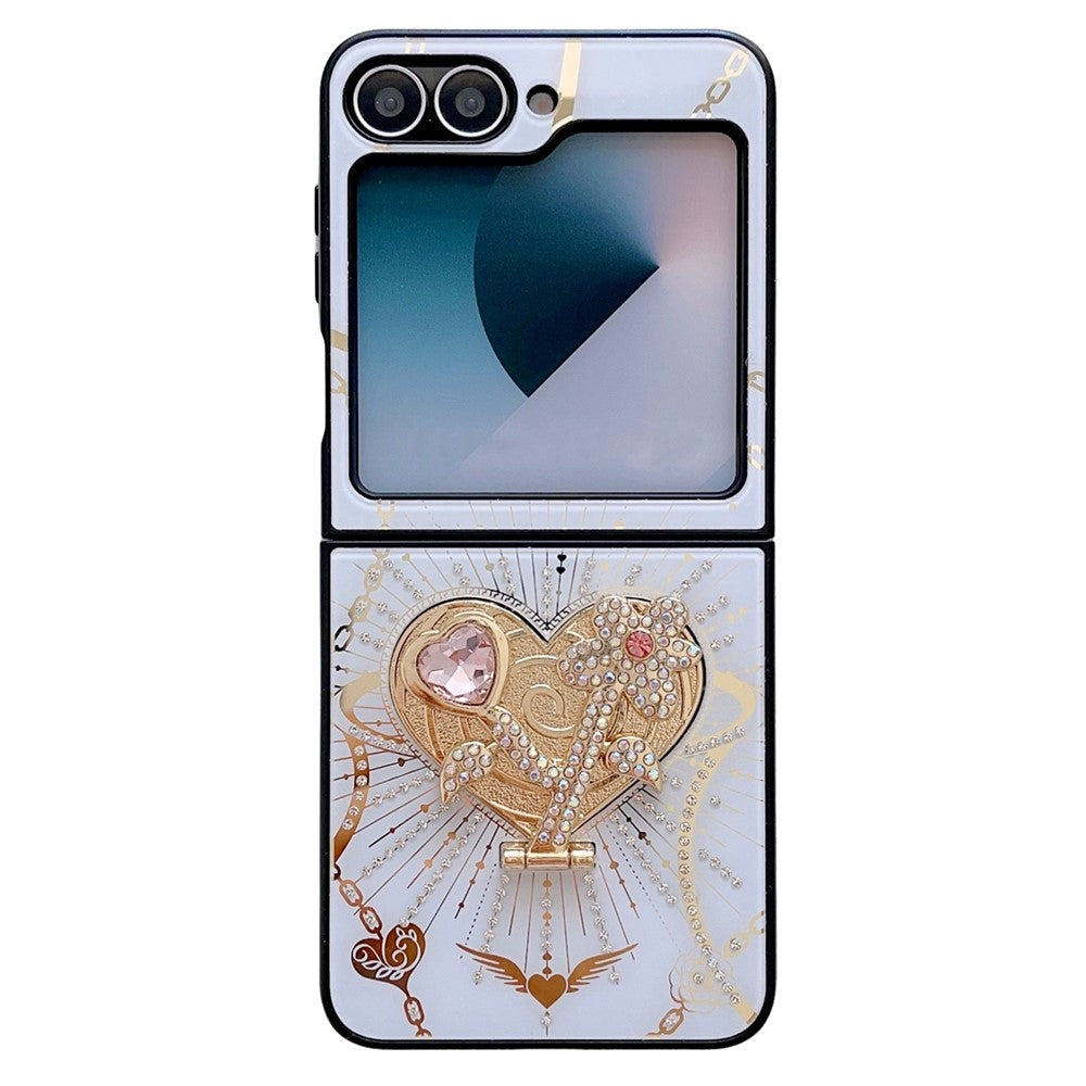 For Samsung Galaxy Z Flip7 FE 5G / Z Flip6 5G Case Kickstand TPU+PC Rhinestones Decor Phone Cover - White
