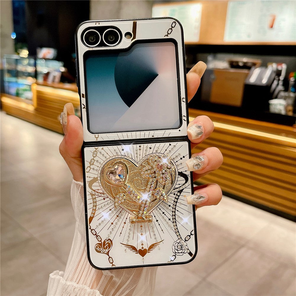 For Samsung Galaxy Z Flip7 FE 5G / Z Flip6 5G Case Kickstand TPU+PC Rhinestones Decor Phone Cover - White
