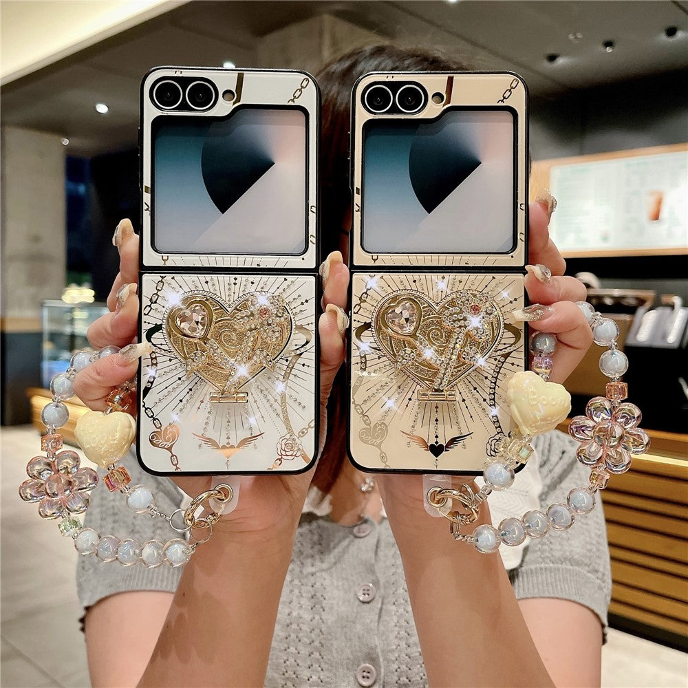 For Samsung Galaxy Z Flip7 FE 5G / Z Flip6 5G Case Kickstand TPU+PC Rhinestones Decor Phone Cover - White