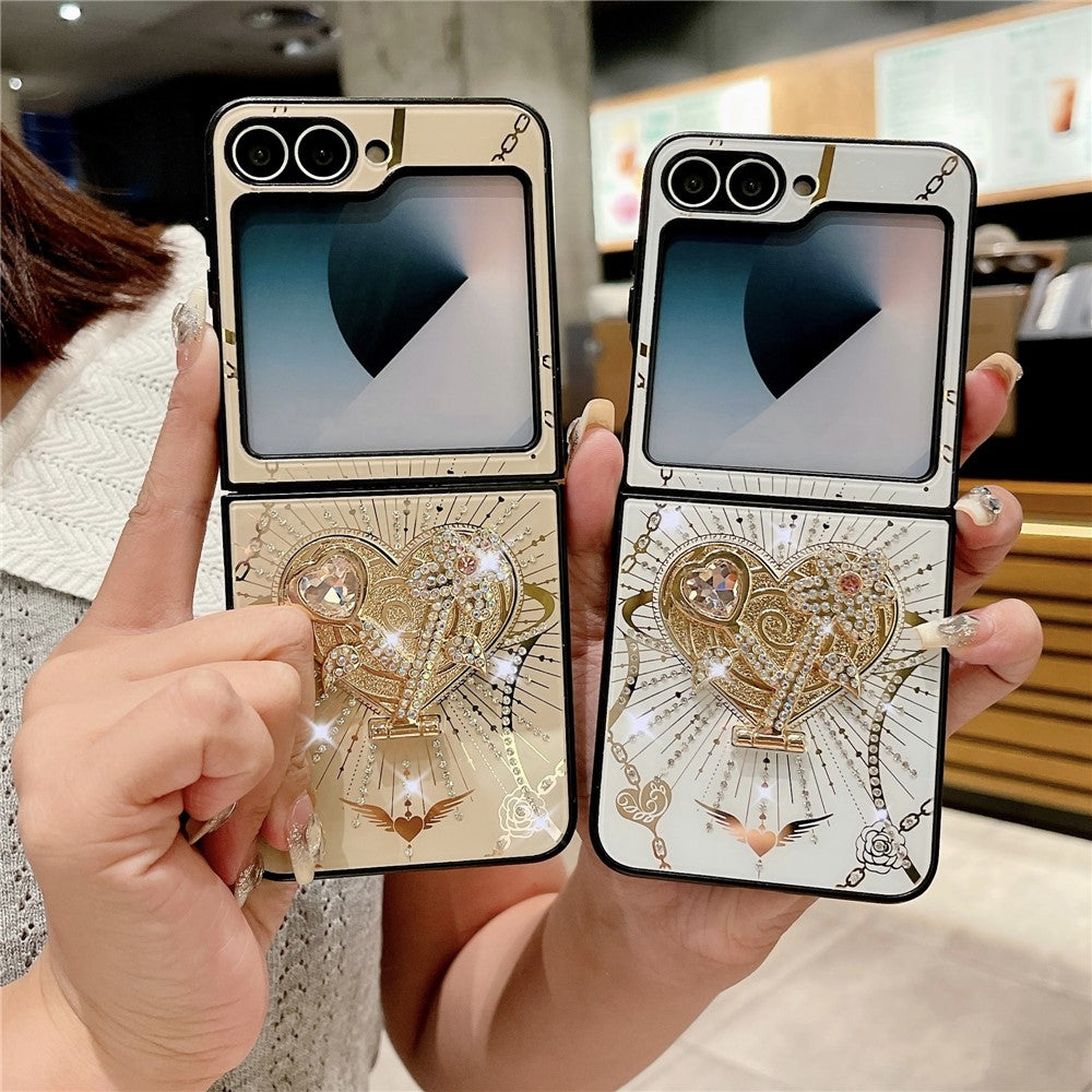 For Samsung Galaxy Z Flip7 FE 5G / Z Flip6 5G Case Kickstand TPU+PC Rhinestones Decor Phone Cover - White