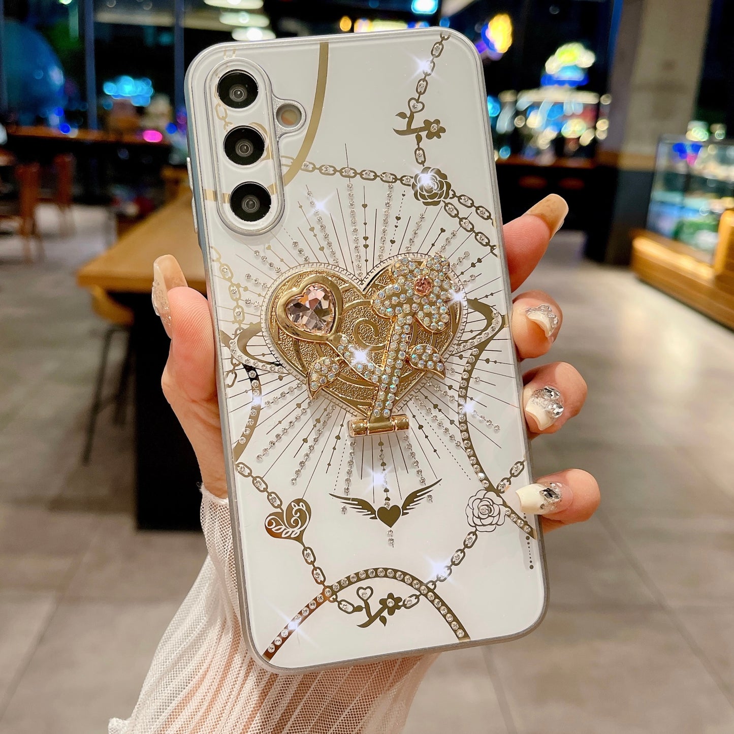 For Samsung Galaxy A16 4G / 5G Case Kickstand TPU+PC Rhinestones Decor Phone Cover - White