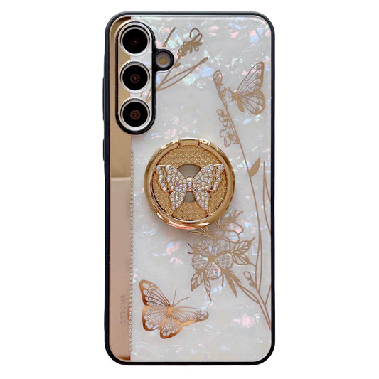 For Samsung Galaxy A16 4G / 5G Case Rhinestones Decor Kickstand TPU+PC Butterfly Floral Phone Cover - White