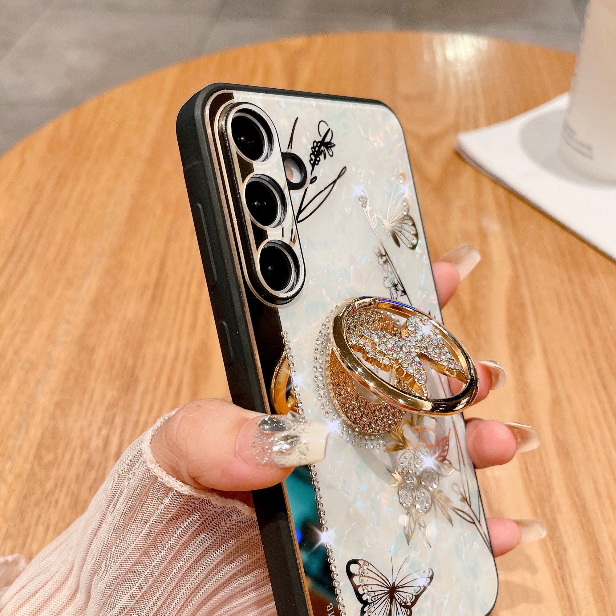 For Samsung Galaxy A16 4G / 5G Case Rhinestones Decor Kickstand TPU+PC Butterfly Floral Phone Cover - White