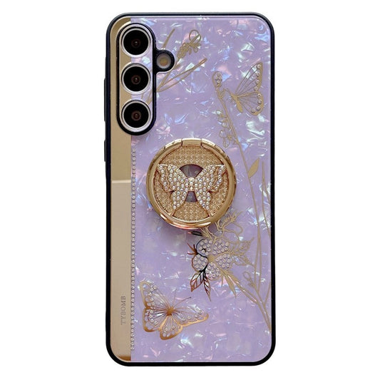 For Samsung Galaxy A55 5G Case Rhinestones Decor Kickstand TPU+PC Butterfly Floral Phone Cover - Purple